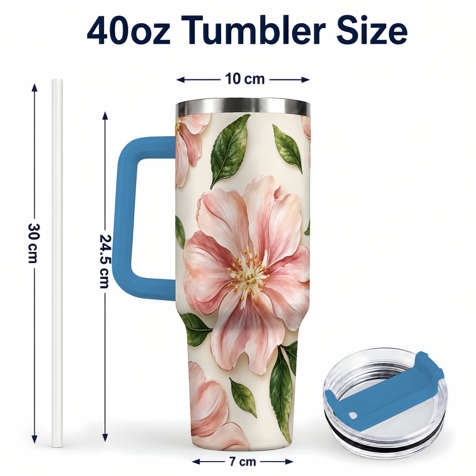 #pl[40oz|Blue] Pink Floral 40oz Tumbler, Botanical Tumbler, Stainless Steel Travel Cup