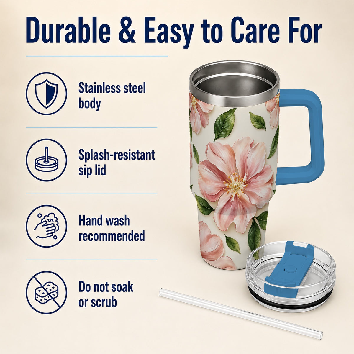 #pl[40oz|Blue] Pink Floral 40oz Tumbler, Botanical Tumbler, Stainless Steel Travel Cup