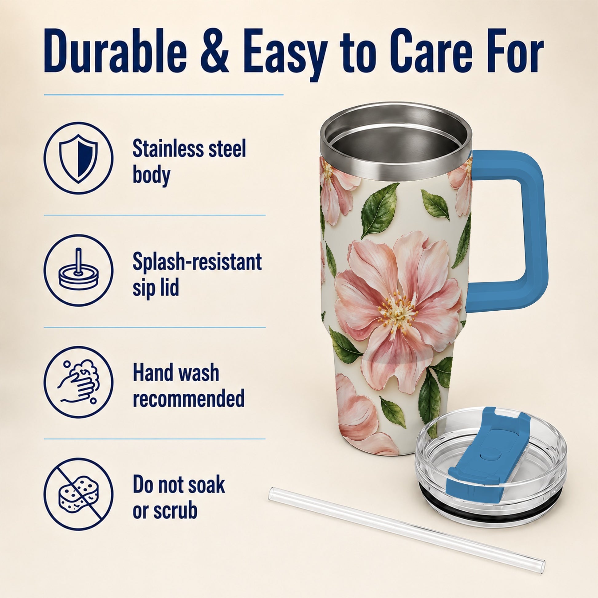#pl[40oz|Blue] Pink Floral 40oz Tumbler, Botanical Tumbler, Stainless Steel Travel Cup