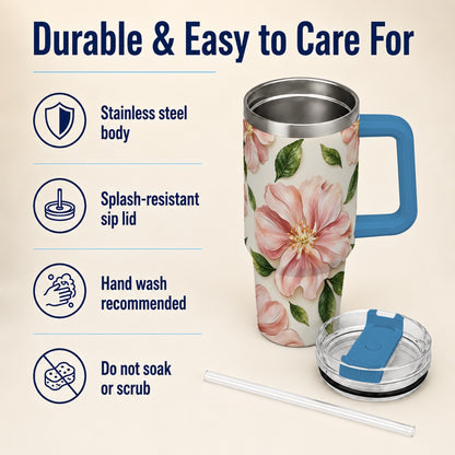 #pl[40oz|Blue] Pink Floral 40oz Tumbler, Botanical Tumbler, Stainless Steel Travel Cup