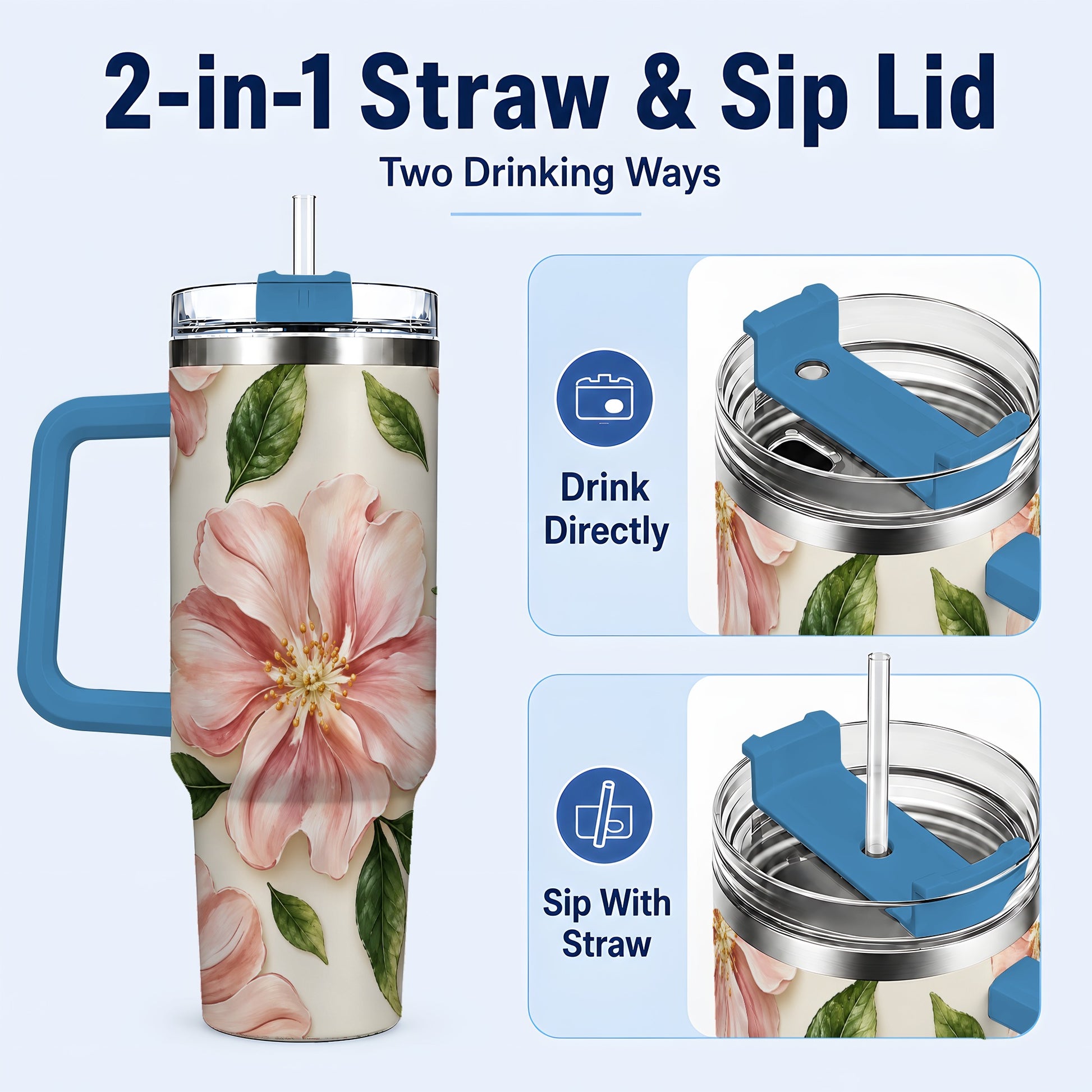 #pl[40oz|Blue] Pink Floral 40oz Tumbler, Botanical Tumbler, Stainless Steel Travel Cup