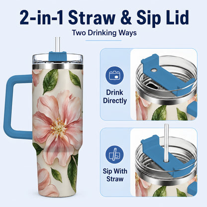 #pl[40oz|Blue] Pink Floral 40oz Tumbler, Botanical Tumbler, Stainless Steel Travel Cup