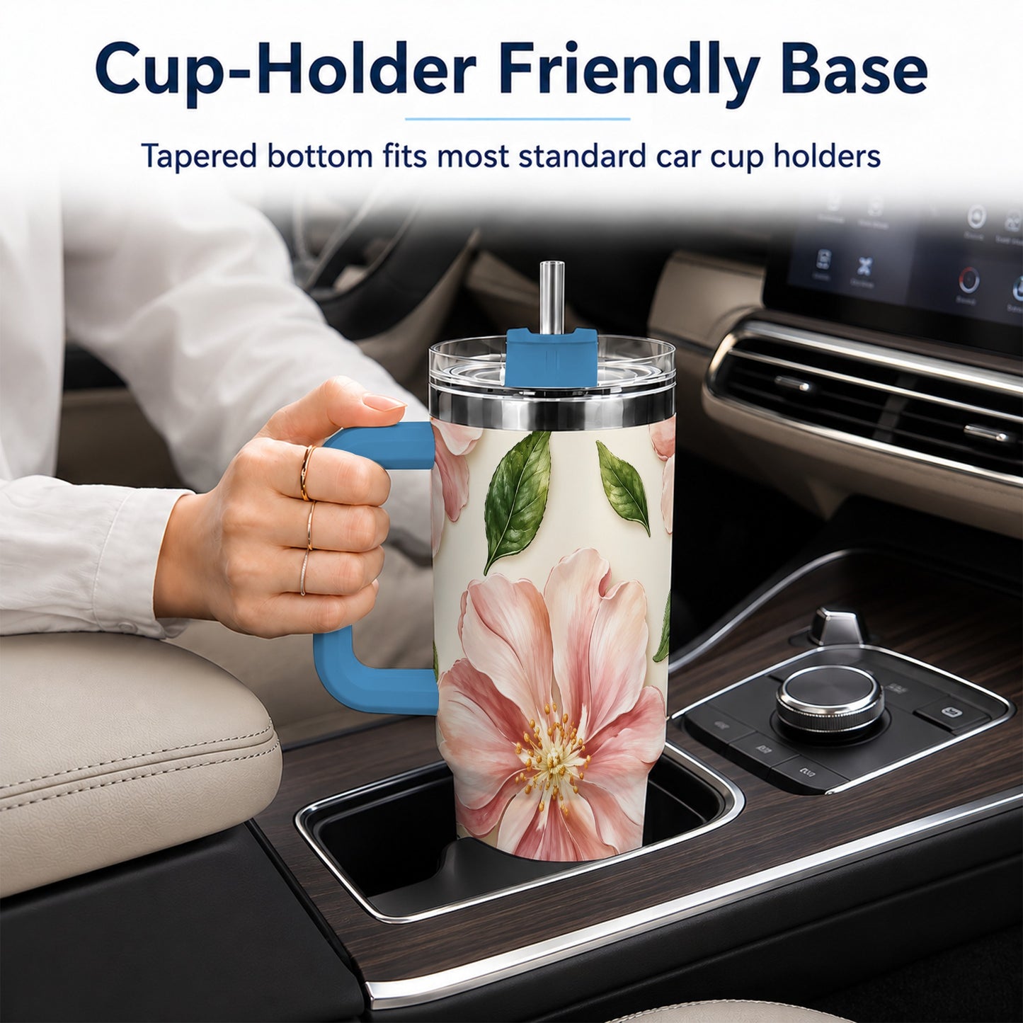 #pl[40oz|Blue] Pink Floral 40oz Tumbler, Botanical Tumbler, Stainless Steel Travel Cup