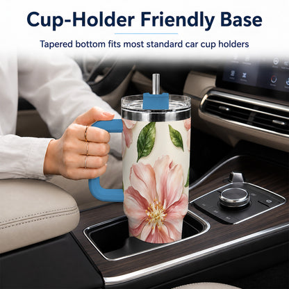 #pl[40oz|Blue] Pink Floral 40oz Tumbler, Botanical Tumbler, Stainless Steel Travel Cup