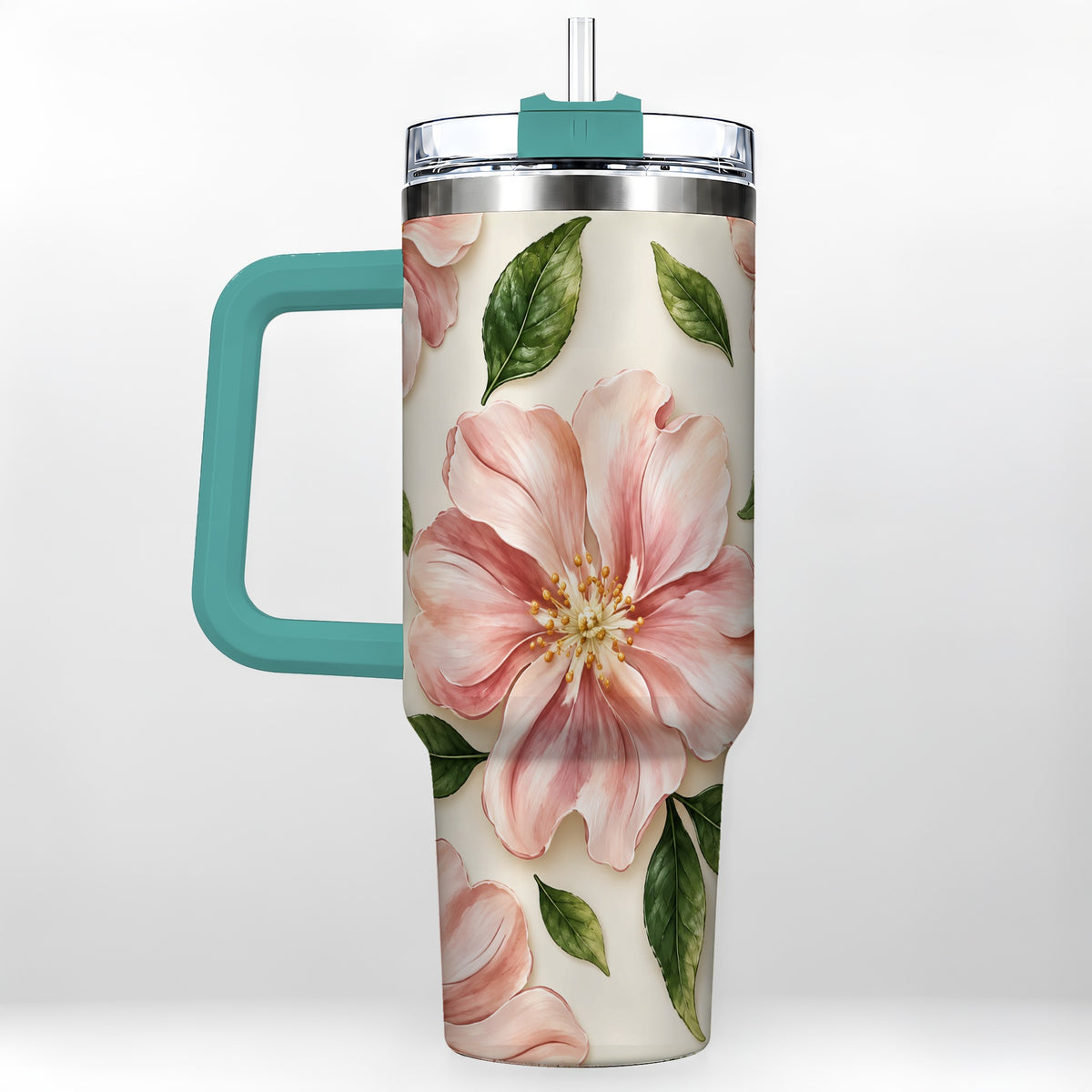 #pl[40oz|Green] Pink Floral 40oz Tumbler, Botanical Tumbler, Stainless Steel Travel Cup