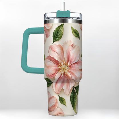 #pl[40oz|Green] Pink Floral 40oz Tumbler, Botanical Tumbler, Stainless Steel Travel Cup