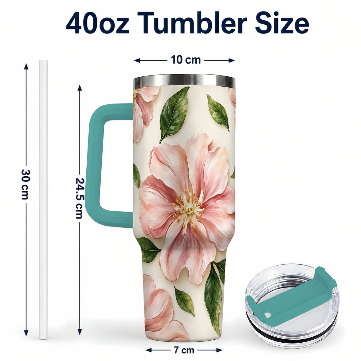 #pl[40oz|Green] Pink Floral 40oz Tumbler, Botanical Tumbler, Stainless Steel Travel Cup