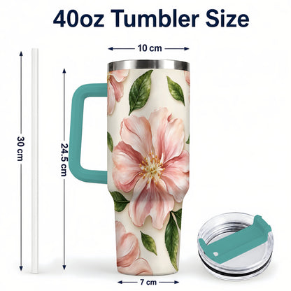 #pl[40oz|Green] Pink Floral 40oz Tumbler, Botanical Tumbler, Stainless Steel Travel Cup