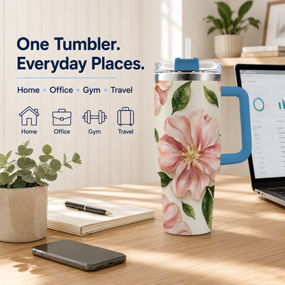 #pl[40oz|Blue] Pink Floral 40oz Tumbler, Botanical Tumbler, Stainless Steel Travel Cup