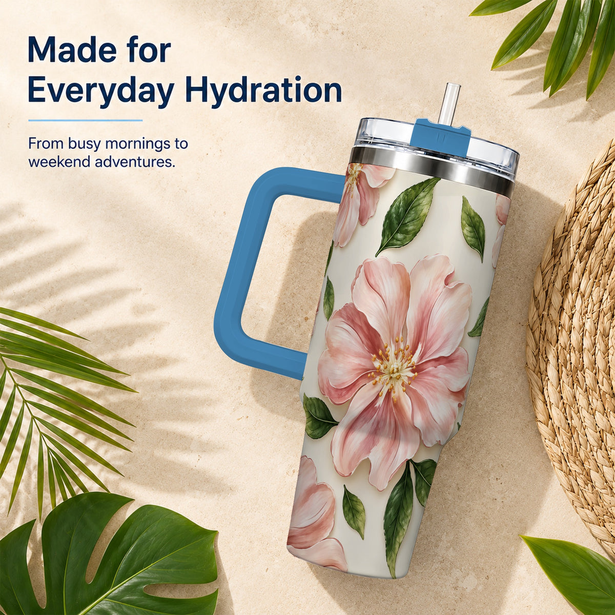#pl[40oz|Blue] Pink Floral 40oz Tumbler, Botanical Tumbler, Stainless Steel Travel Cup