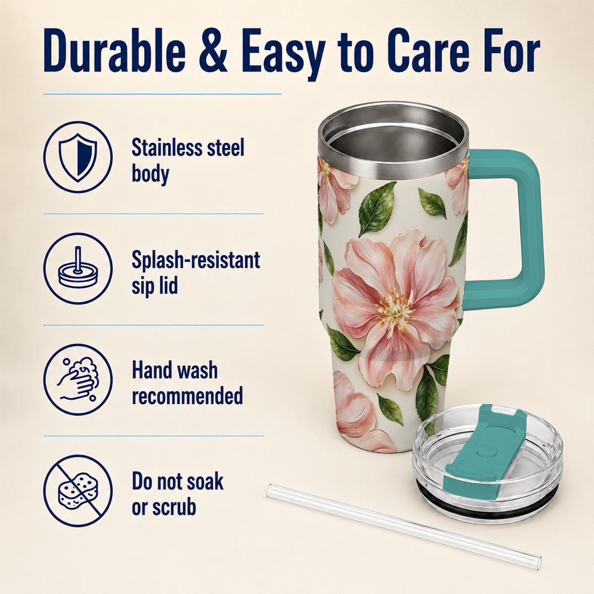 #pl[40oz|Green] Pink Floral 40oz Tumbler, Botanical Tumbler, Stainless Steel Travel Cup