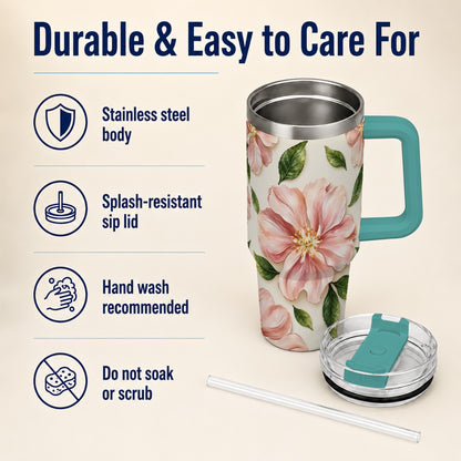 #pl[40oz|Green] Pink Floral 40oz Tumbler, Botanical Tumbler, Stainless Steel Travel Cup