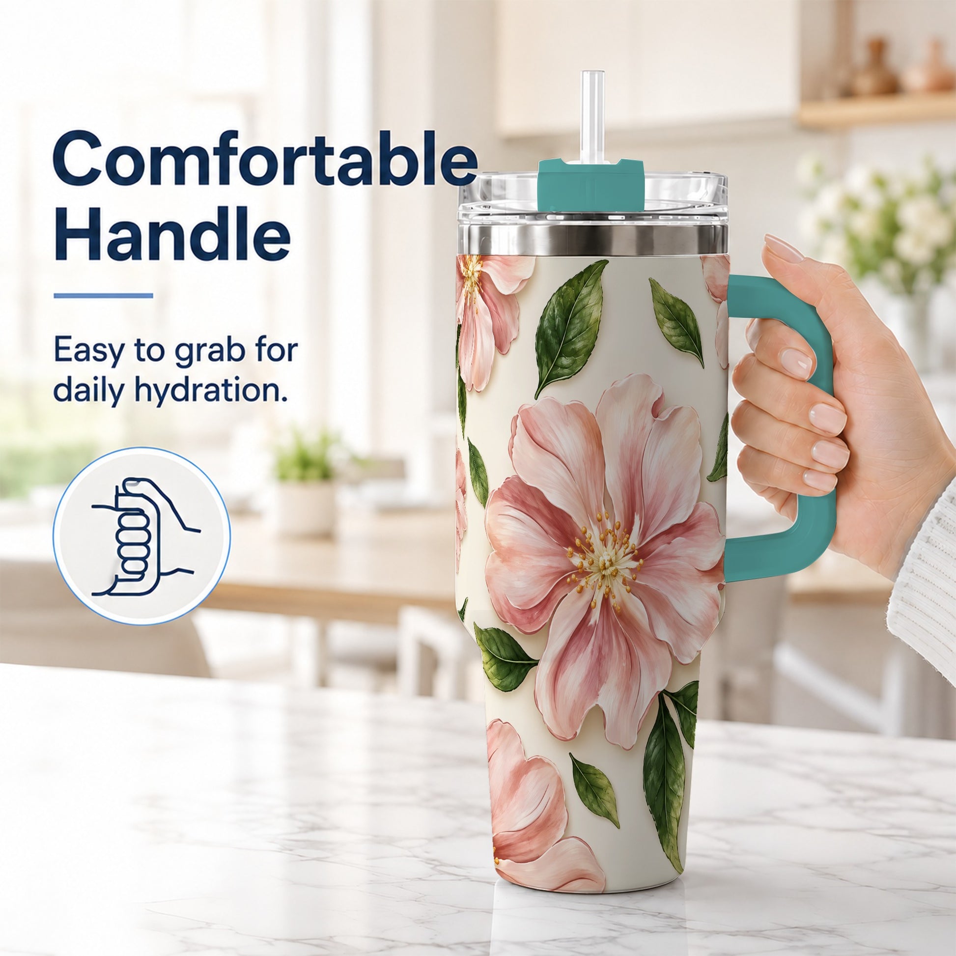 #pl[40oz|Green] Pink Floral 40oz Tumbler, Botanical Tumbler, Stainless Steel Travel Cup