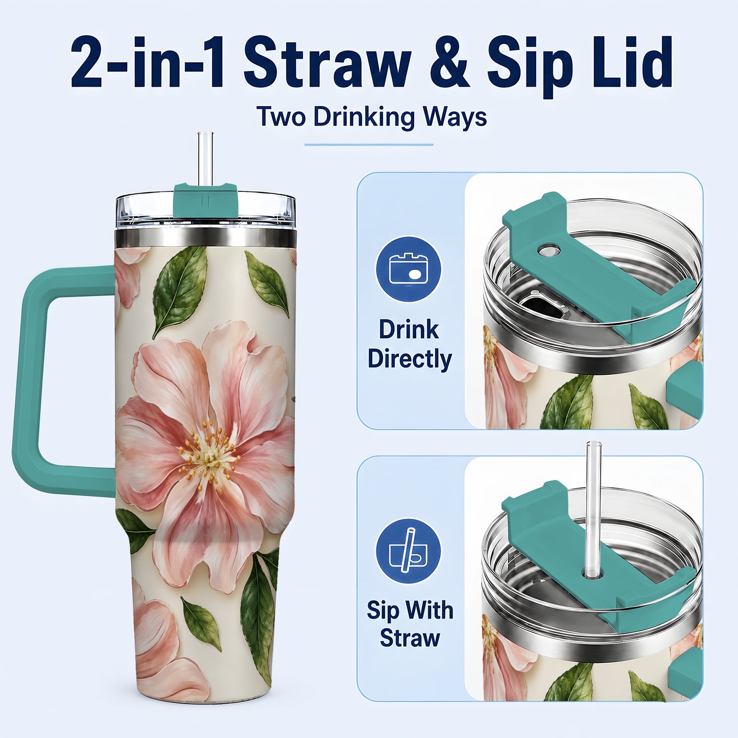 #pl[40oz|Green] Pink Floral 40oz Tumbler, Botanical Tumbler, Stainless Steel Travel Cup