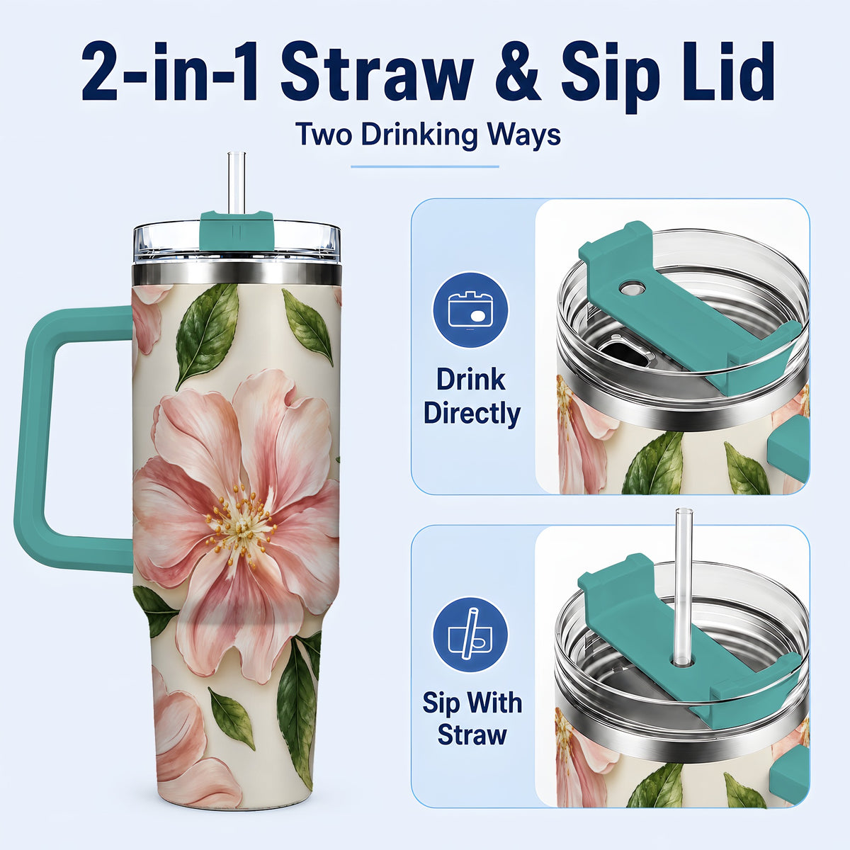 #pl[40oz|Green] Pink Floral 40oz Tumbler, Botanical Tumbler, Stainless Steel Travel Cup