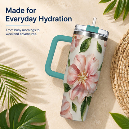 #pl[40oz|Green] Pink Floral 40oz Tumbler, Botanical Tumbler, Stainless Steel Travel Cup