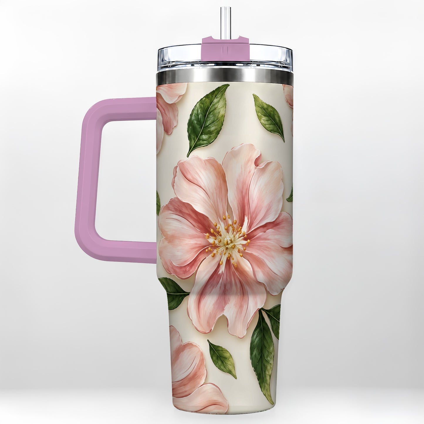 #pl[40oz|Pink] Pink Floral 40oz Tumbler, Botanical Tumbler, Stainless Steel Travel Cup