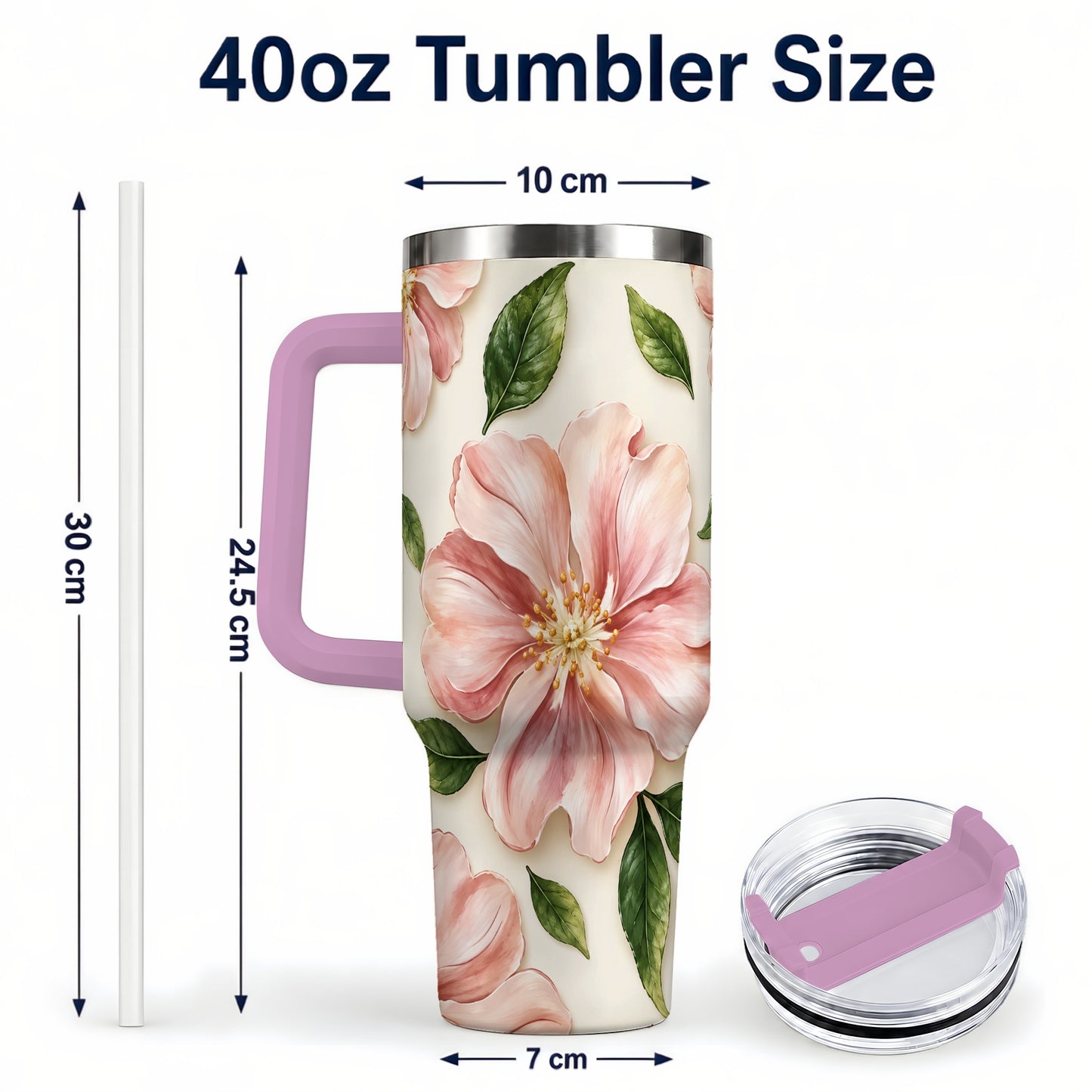 #pl[40oz|Pink] Pink Floral 40oz Tumbler, Botanical Tumbler, Stainless Steel Travel Cup