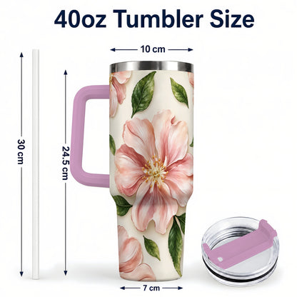 #pl[40oz|Pink] Pink Floral 40oz Tumbler, Botanical Tumbler, Stainless Steel Travel Cup