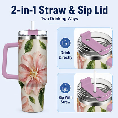 #pl[40oz|Pink] Pink Floral 40oz Tumbler, Botanical Tumbler, Stainless Steel Travel Cup