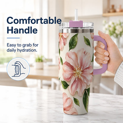 #pl[40oz|Pink] Pink Floral 40oz Tumbler, Botanical Tumbler, Stainless Steel Travel Cup