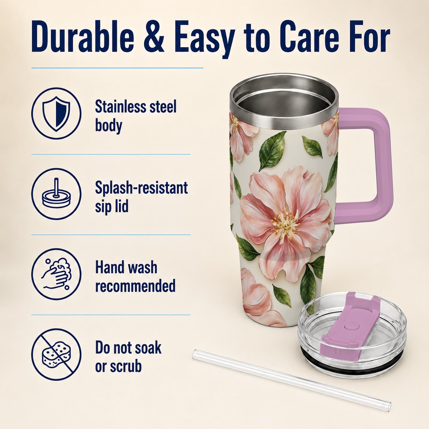 #pl[40oz|Pink] Pink Floral 40oz Tumbler, Botanical Tumbler, Stainless Steel Travel Cup