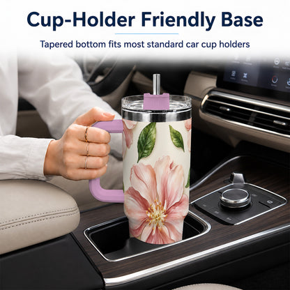 #pl[40oz|Pink] Pink Floral 40oz Tumbler, Botanical Tumbler, Stainless Steel Travel Cup