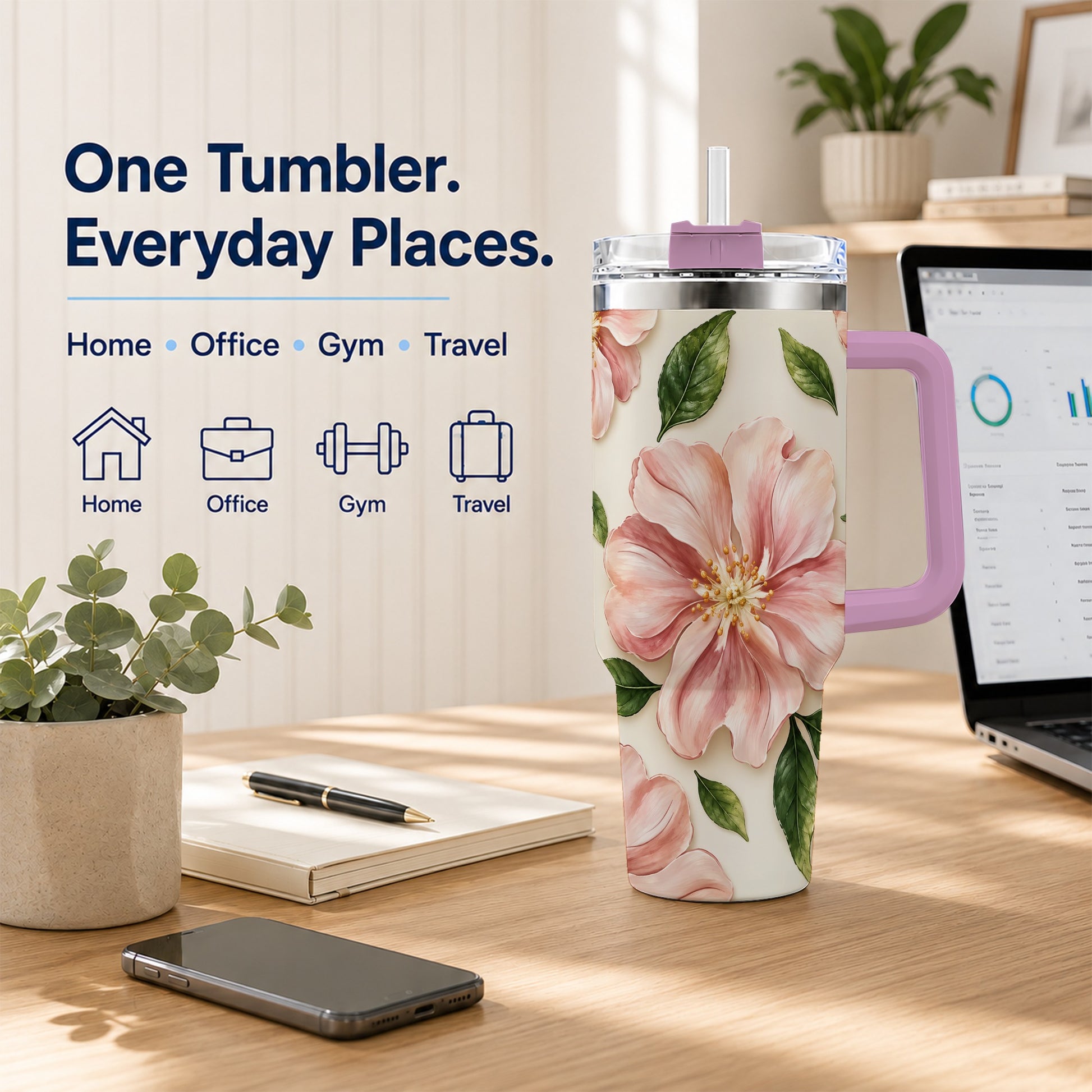 #pl[40oz|Pink] Pink Floral 40oz Tumbler, Botanical Tumbler, Stainless Steel Travel Cup