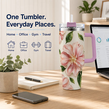 #pl[40oz|Pink] Pink Floral 40oz Tumbler, Botanical Tumbler, Stainless Steel Travel Cup