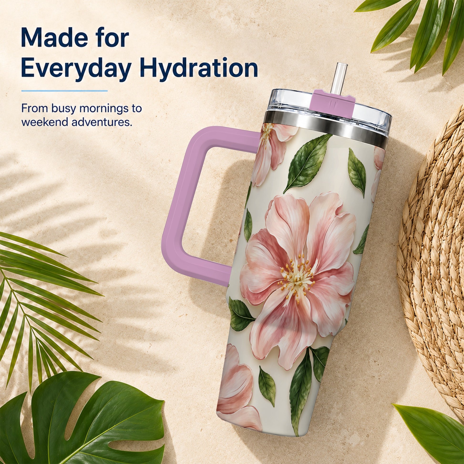 #pl[40oz|Pink] Pink Floral 40oz Tumbler, Botanical Tumbler, Stainless Steel Travel Cup