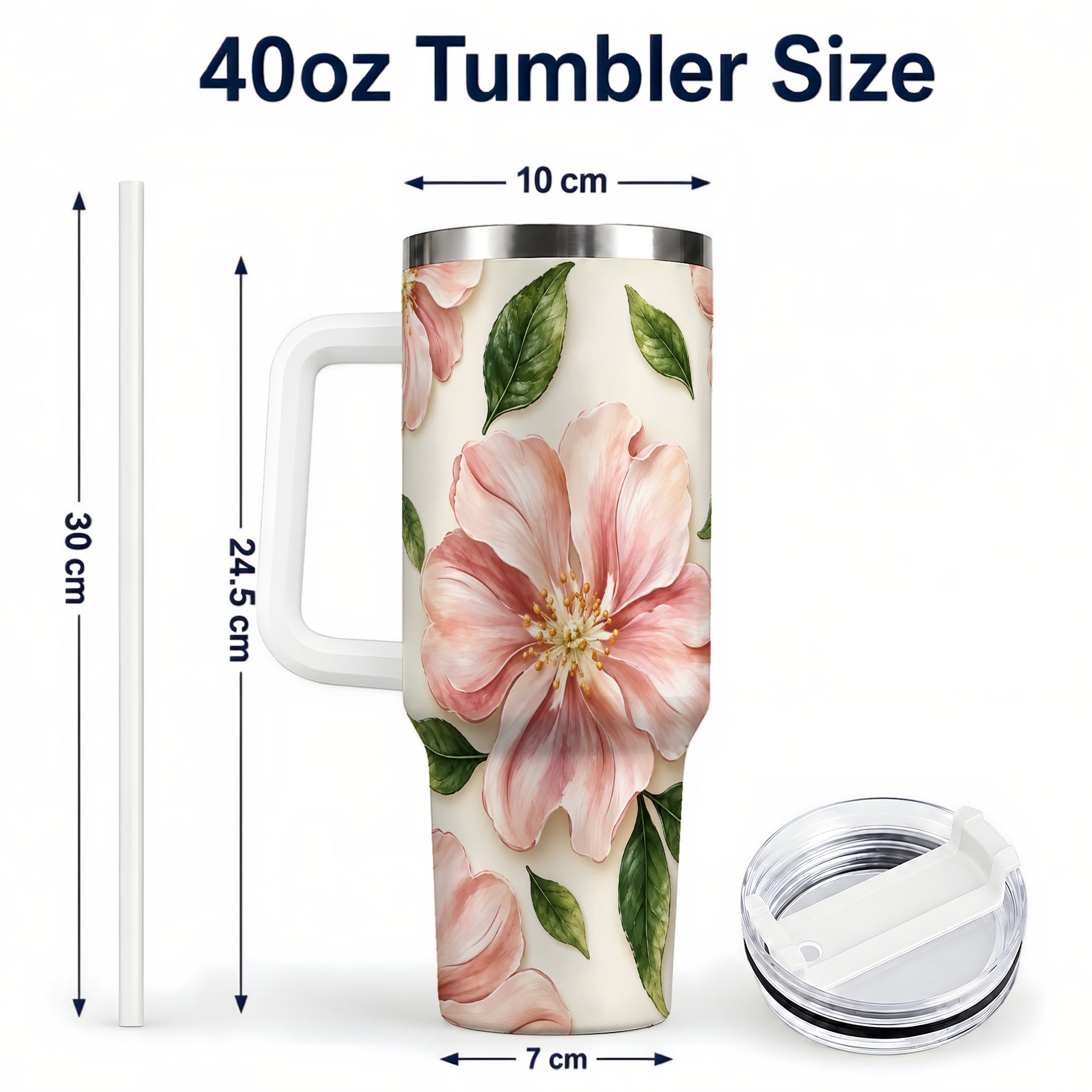 #pl[40oz|White] Pink Floral 40oz Tumbler, Botanical Tumbler, Stainless Steel Travel Cup