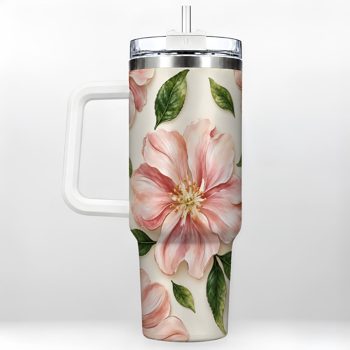 Pink Floral 40oz Tumbler, Botanical Tumbler, Stainless Steel Travel Cup