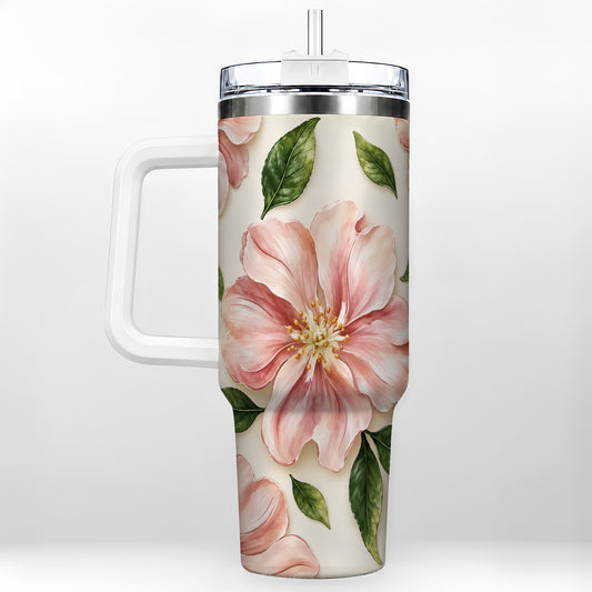Pink Floral 40oz Tumbler, Botanical Tumbler, Stainless Steel Travel Cup