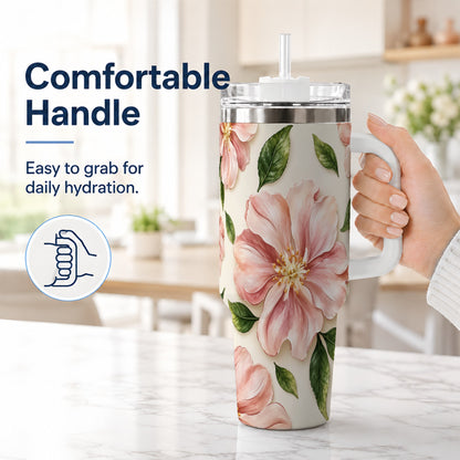 #pl[40oz|White] Pink Floral 40oz Tumbler, Botanical Tumbler, Stainless Steel Travel Cup