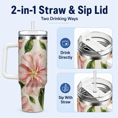 #pl[40oz|White] Pink Floral 40oz Tumbler, Botanical Tumbler, Stainless Steel Travel Cup
