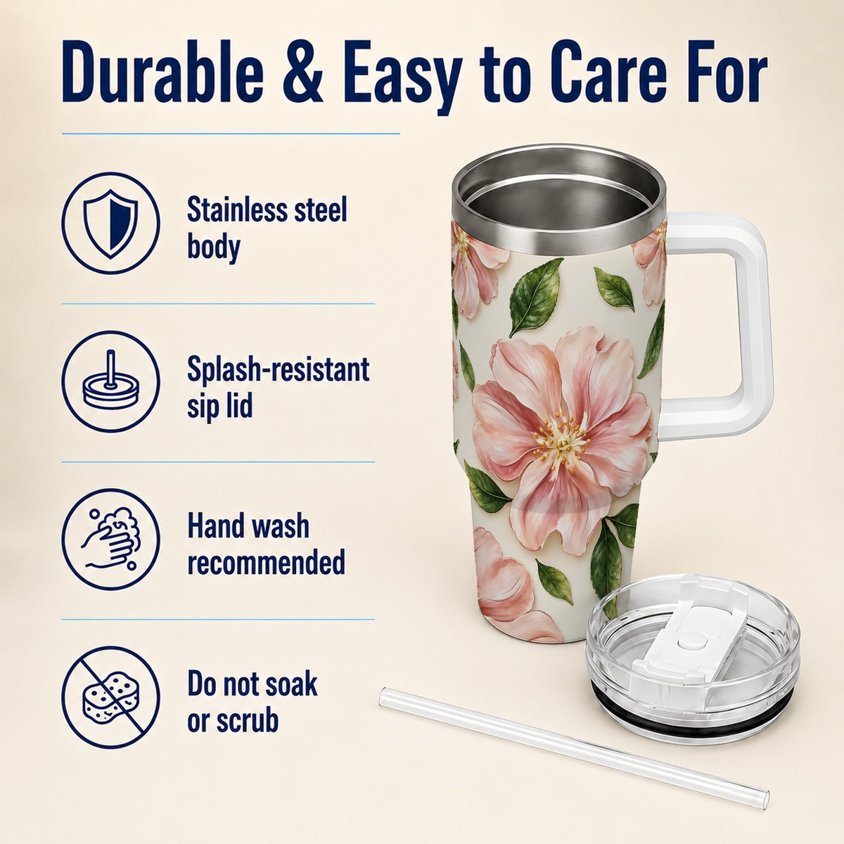 #pl[40oz|White] Pink Floral 40oz Tumbler, Botanical Tumbler, Stainless Steel Travel Cup