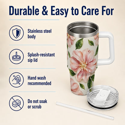 #pl[40oz|White] Pink Floral 40oz Tumbler, Botanical Tumbler, Stainless Steel Travel Cup