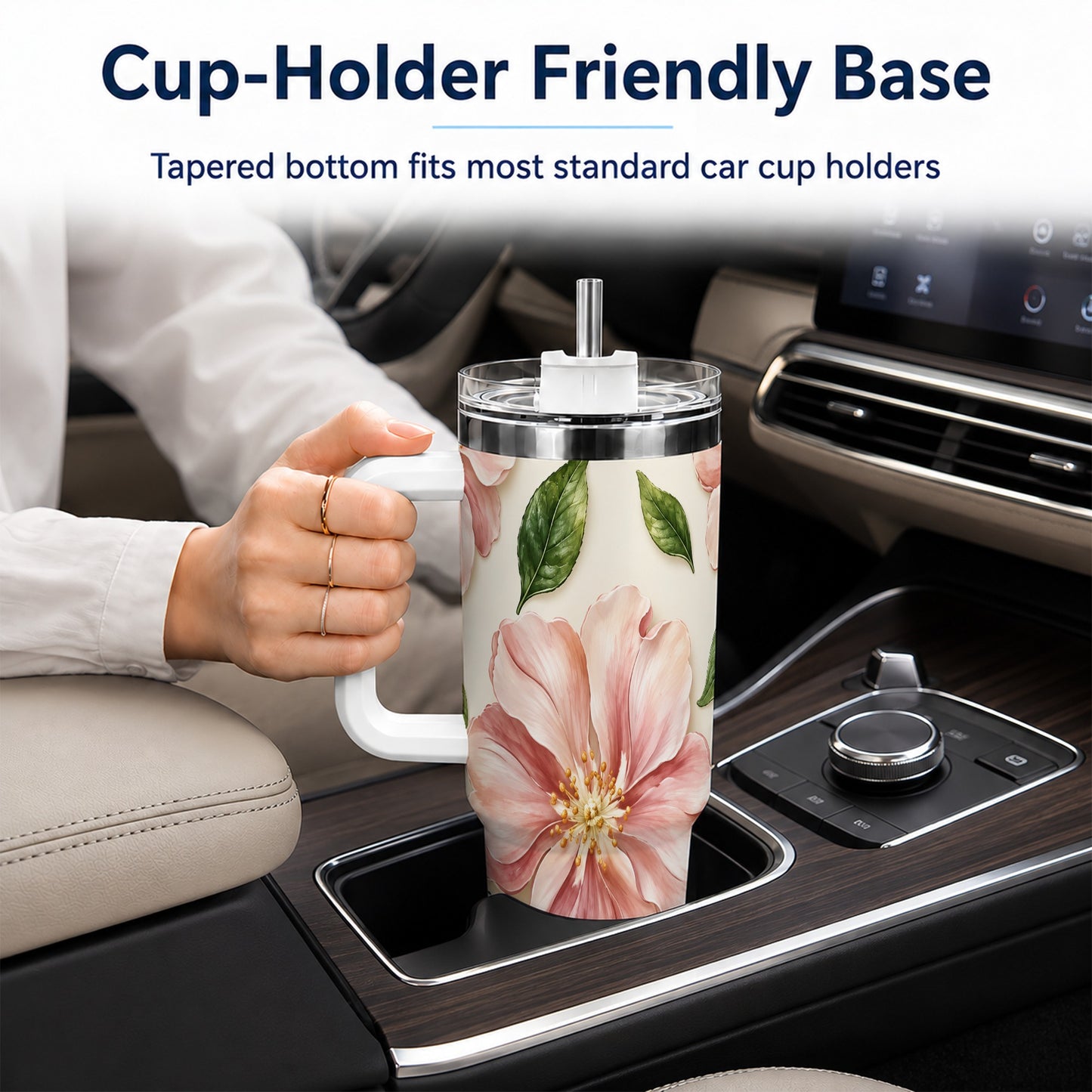 #pl[40oz|White] Pink Floral 40oz Tumbler, Botanical Tumbler, Stainless Steel Travel Cup