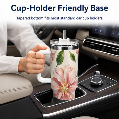 #pl[40oz|White] Pink Floral 40oz Tumbler, Botanical Tumbler, Stainless Steel Travel Cup