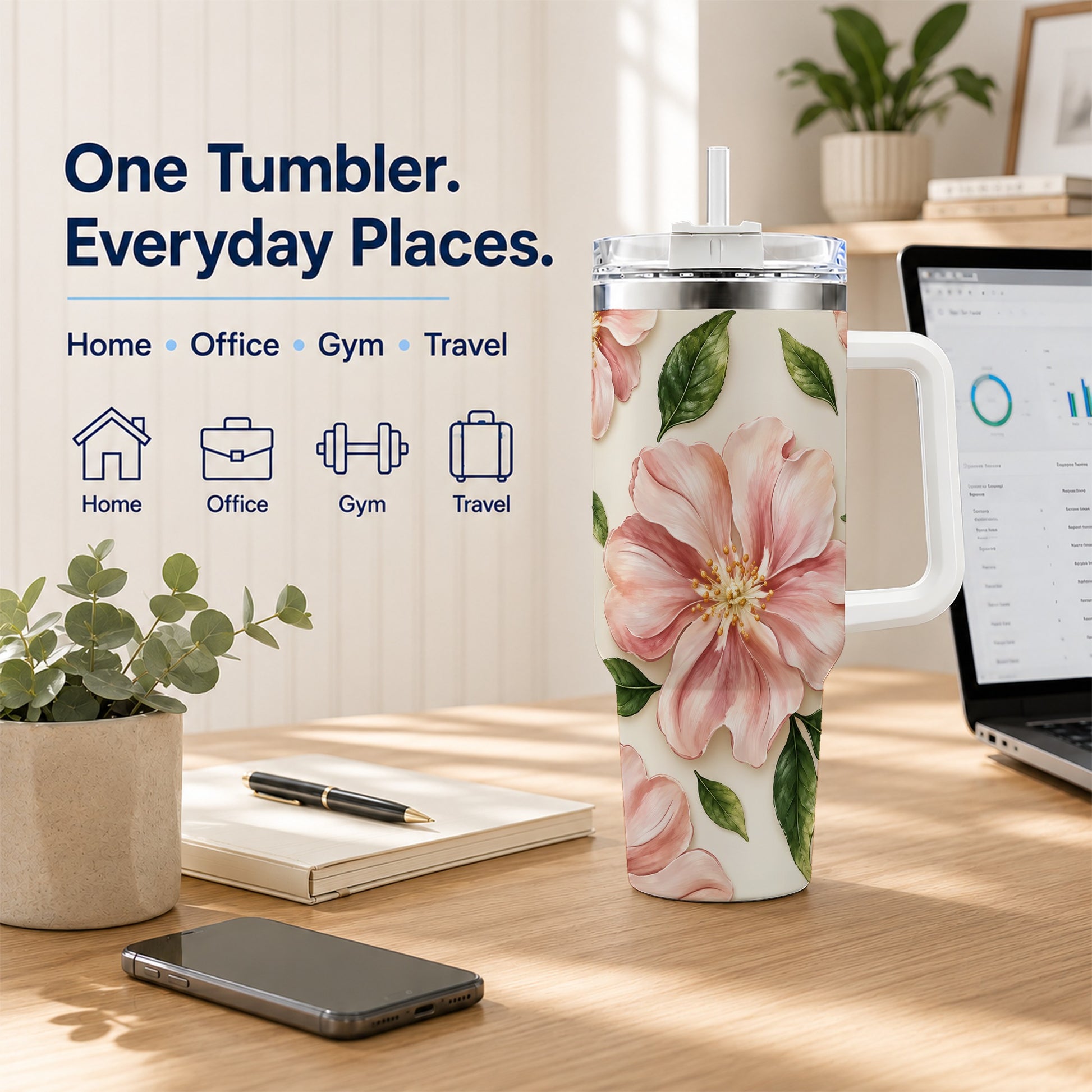 #pl[40oz|White] Pink Floral 40oz Tumbler, Botanical Tumbler, Stainless Steel Travel Cup
