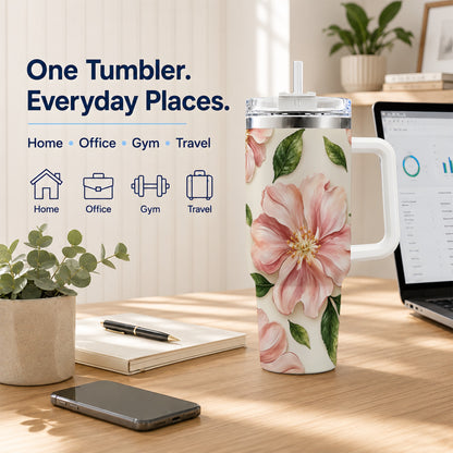 #pl[40oz|White] Pink Floral 40oz Tumbler, Botanical Tumbler, Stainless Steel Travel Cup