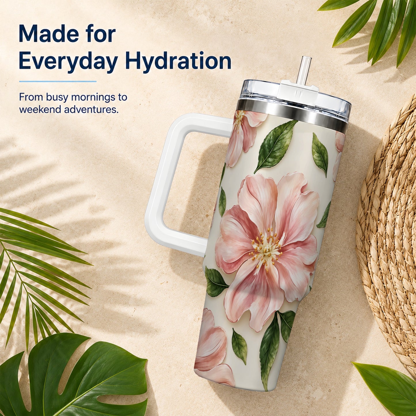#pl[40oz|White] Pink Floral 40oz Tumbler, Botanical Tumbler, Stainless Steel Travel Cup
