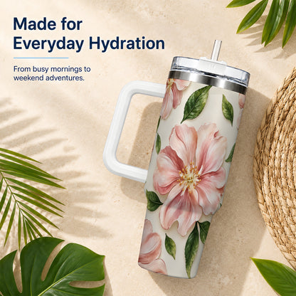 #pl[40oz|White] Pink Floral 40oz Tumbler, Botanical Tumbler, Stainless Steel Travel Cup