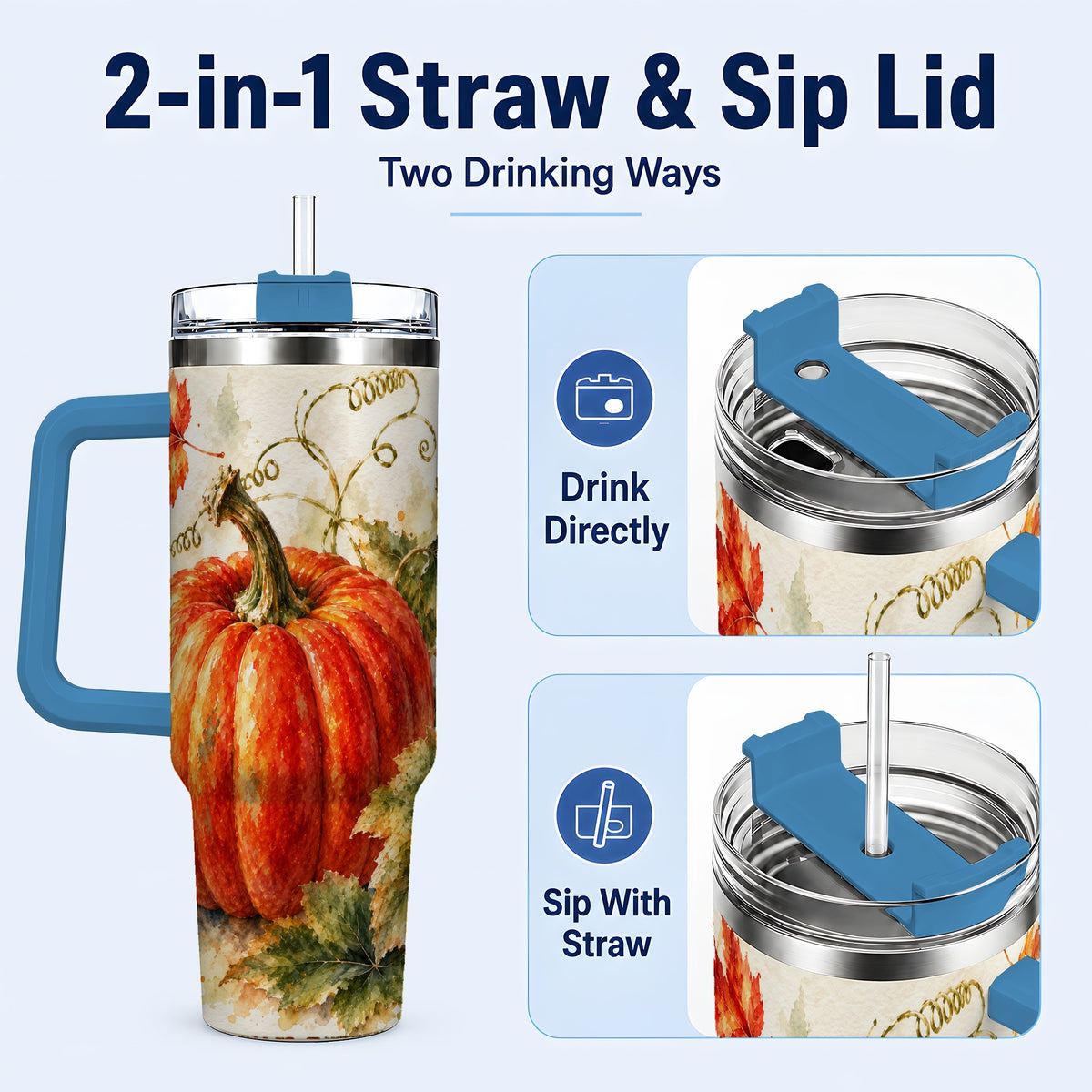 #pl[40oz|Blue] Autumn Pumpkin 40oz Tumbler, Harvest Tumbler, Stainless Steel Travel Cup