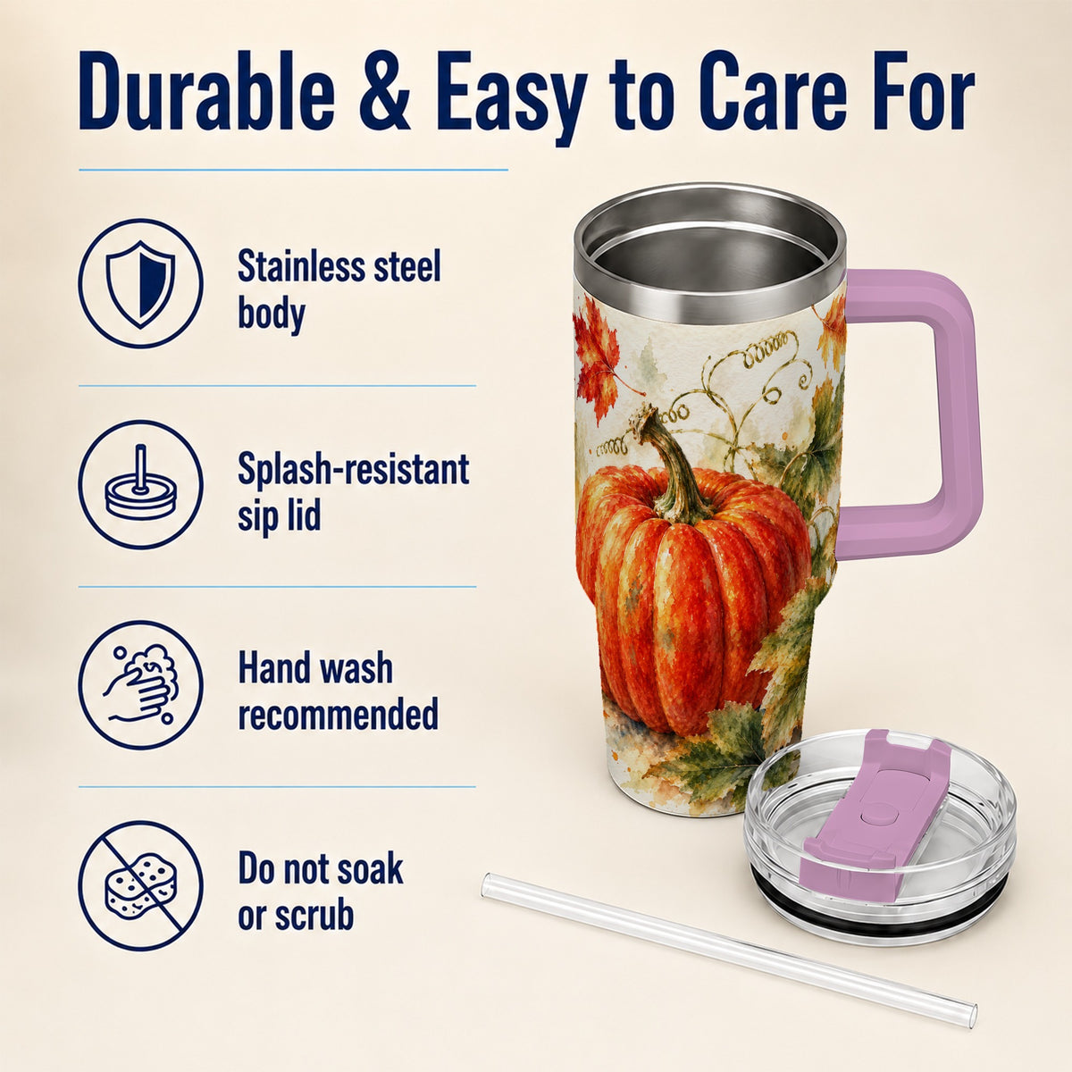 #pl[40oz|Pink] Autumn Pumpkin 40oz Tumbler, Harvest Tumbler, Stainless Steel Travel Cup