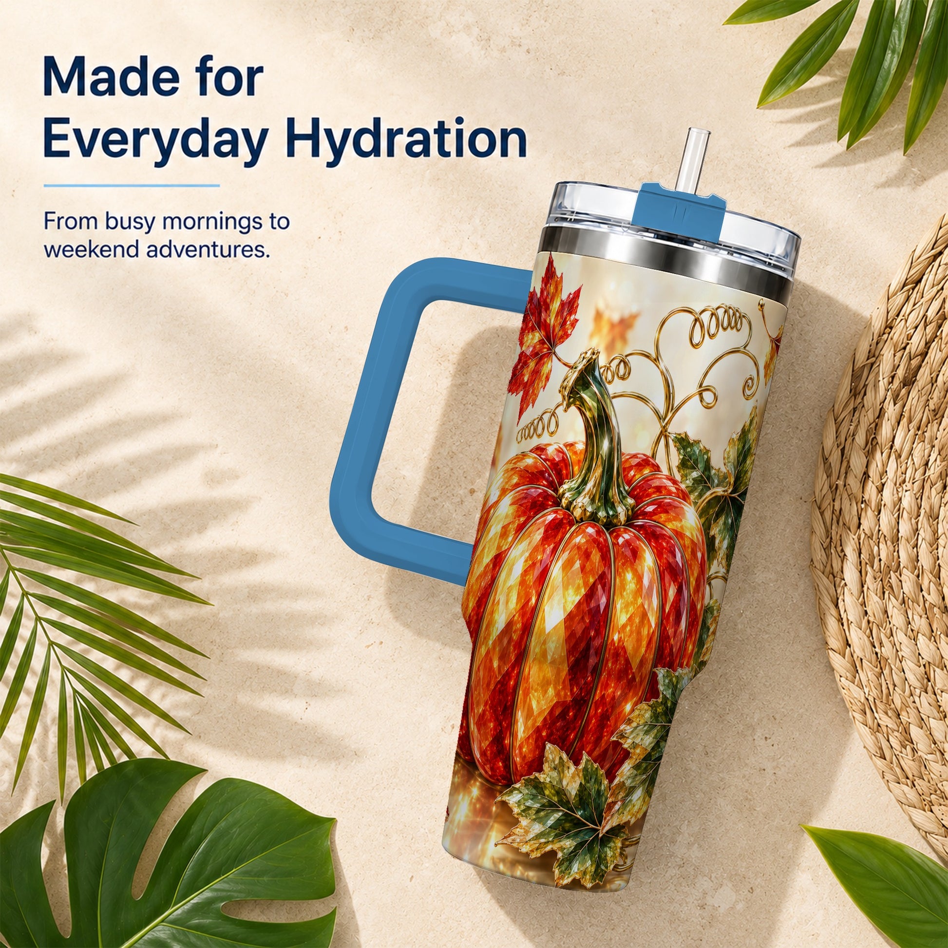 #pl[40oz|Blue] Faceted Pumpkin 40oz Tumbler, Autumn Tumbler, Stainless Steel Travel Cup