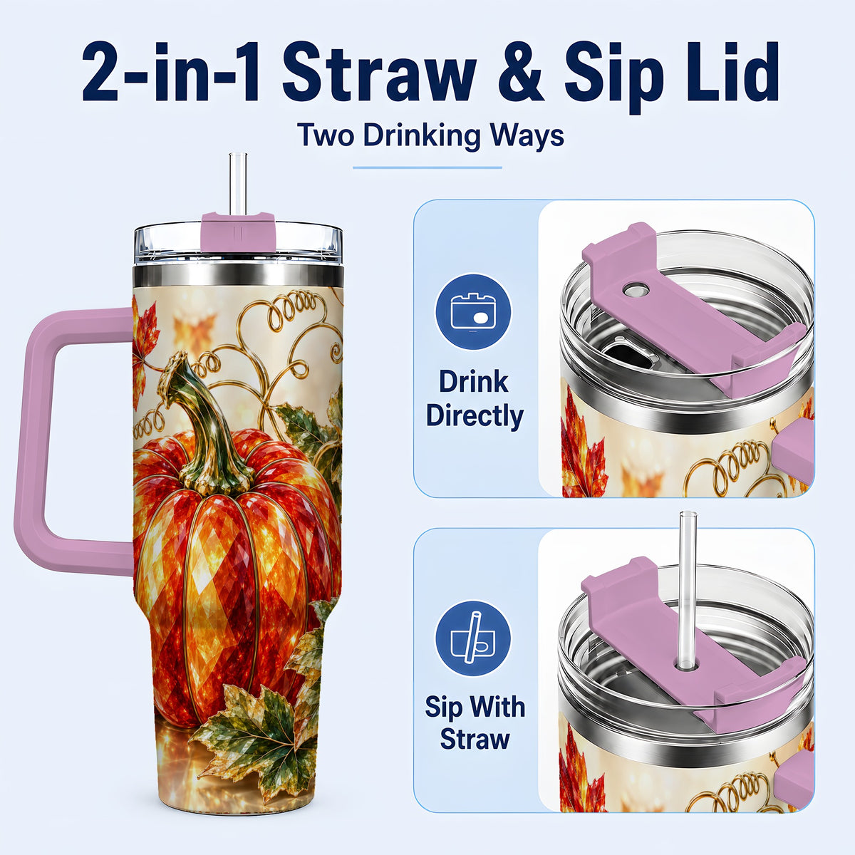 #pl[40oz|Pink] Faceted Pumpkin 40oz Tumbler, Autumn Tumbler, Stainless Steel Travel Cup