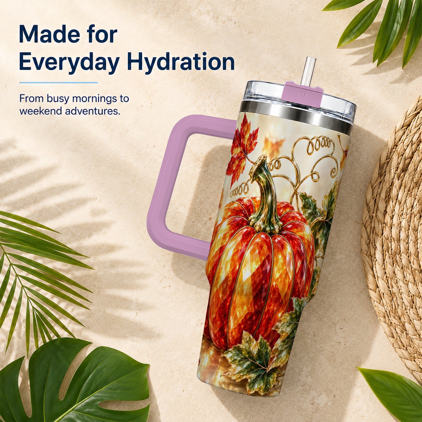#pl[40oz|Pink] Faceted Pumpkin 40oz Tumbler, Autumn Tumbler, Stainless Steel Travel Cup