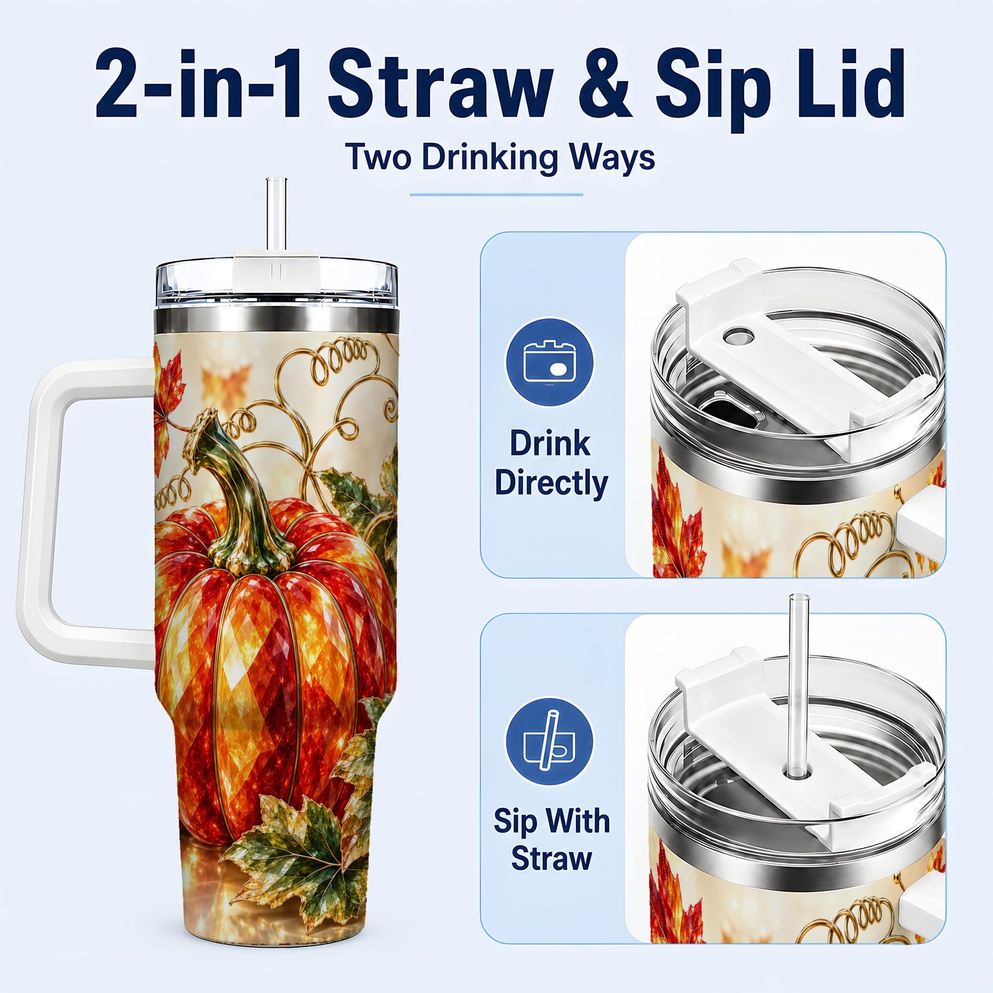 #pl[40oz|White] Faceted Pumpkin 40oz Tumbler, Autumn Tumbler, Stainless Steel Travel Cup