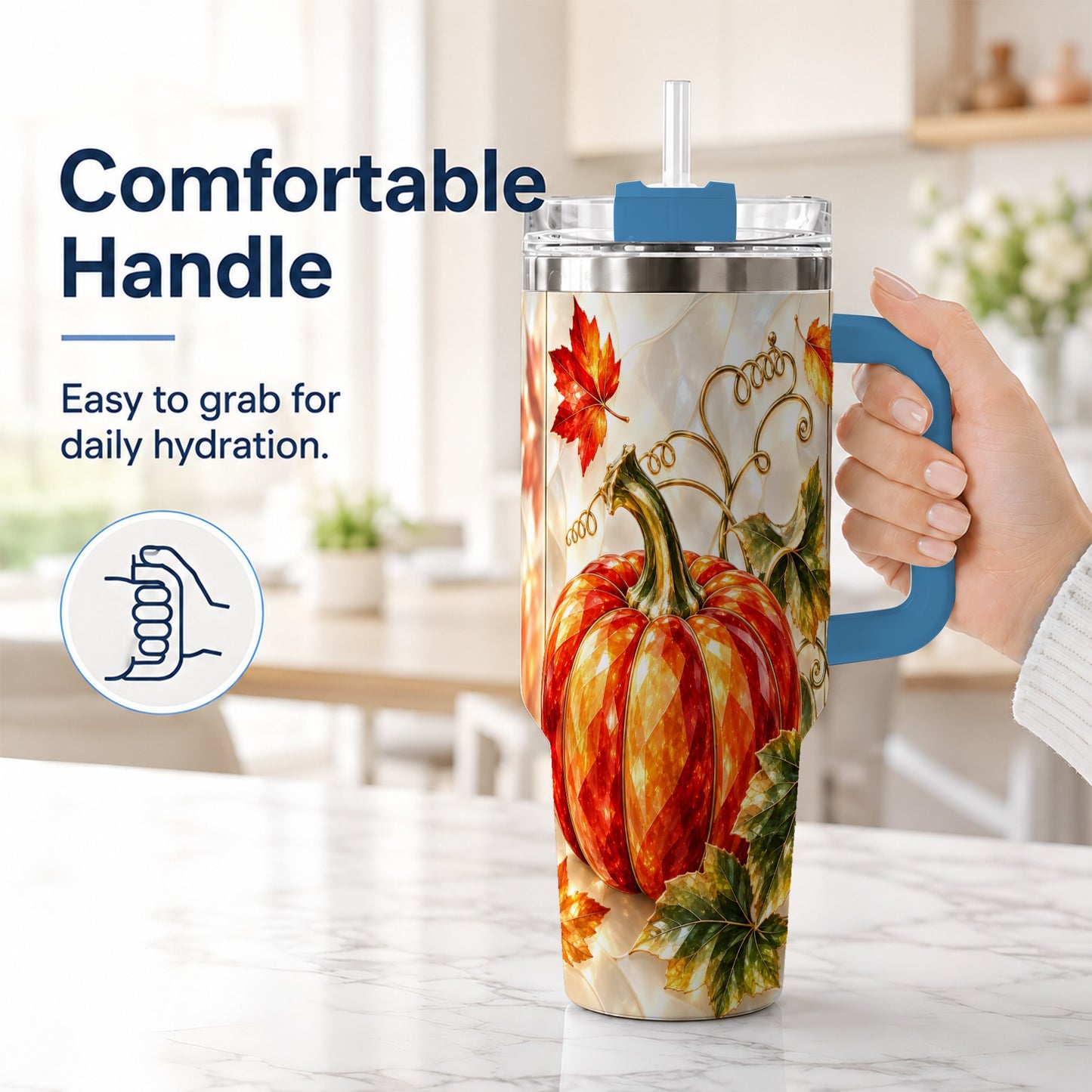 #pl[40oz|Blue] Autumn Pumpkin 40oz Tumbler, Mosaic Tumbler, Stainless Steel Travel Cup
